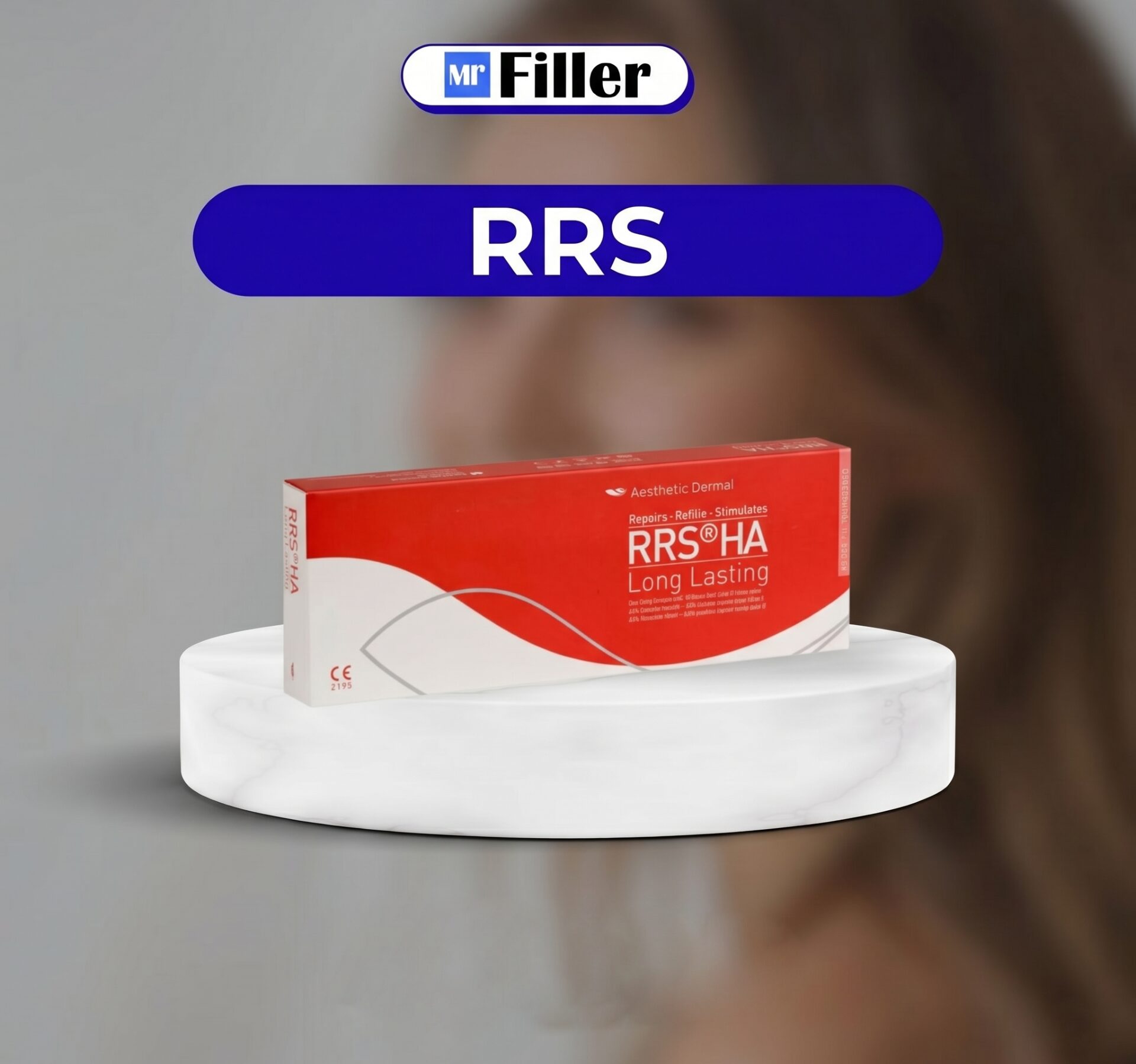 Brand logo Mr Filler above a blue rounded badge reading RRS, with a red RRS-HA box on a white pedestal in the foreground.